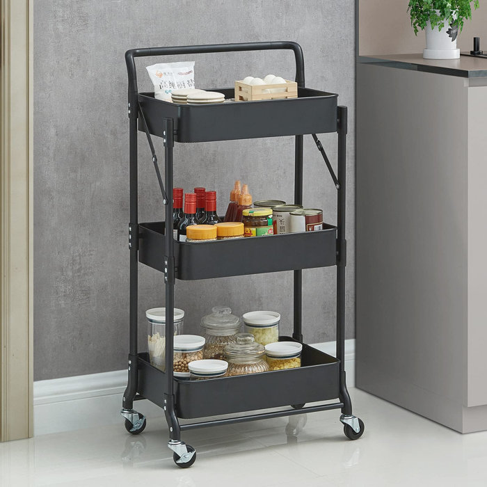 RFVT 3 Tier Folding Rolling Cart With Wheels,Foldable Metal Utility
